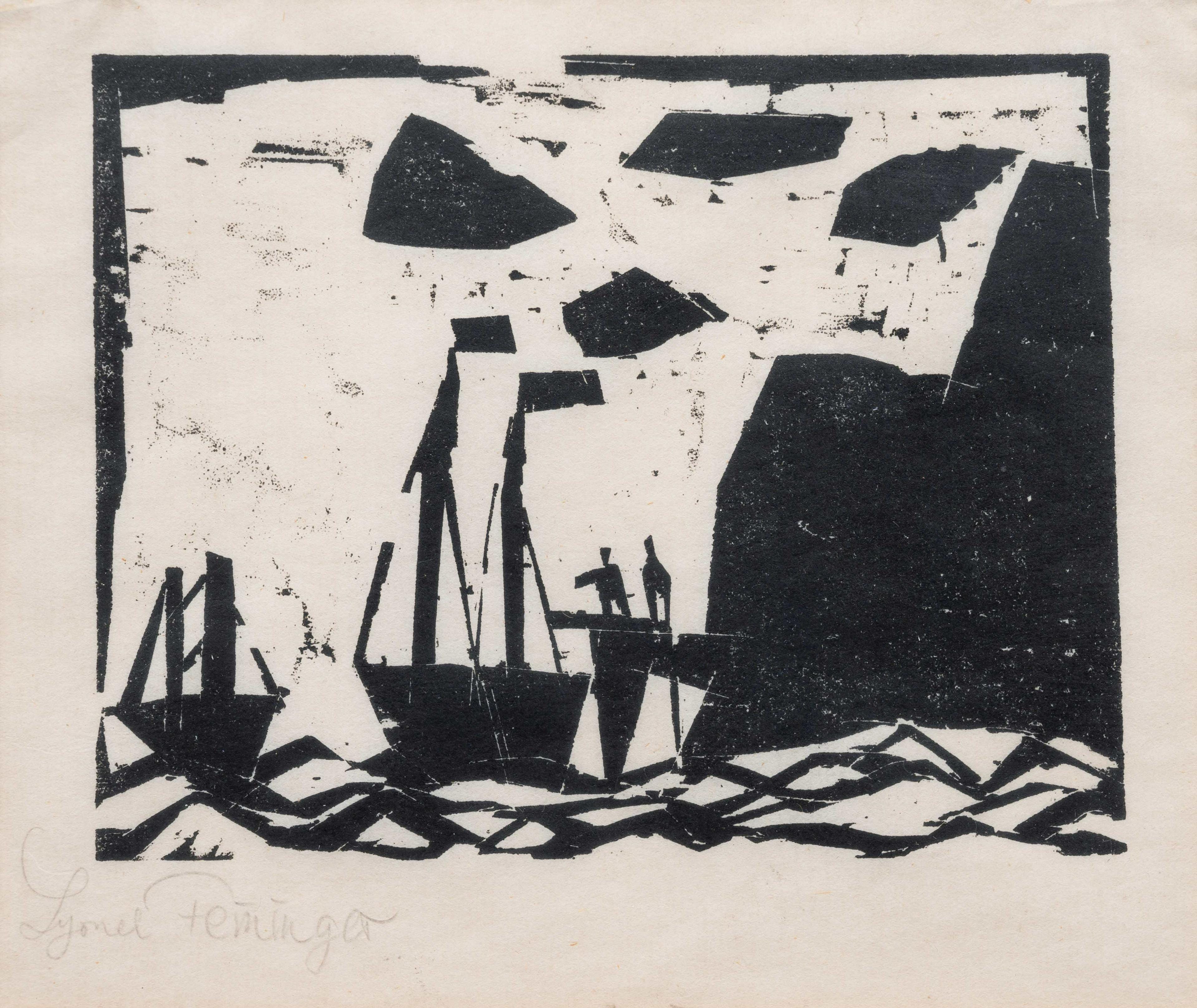 Schiffe am Felsenstrand (Ships along a rocky coast)
