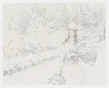 Fillette, dans l'allee d'un parc, portant des bouquets
